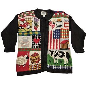 Vtg 1995 Farm Style Cardigan Sweater American Flag Cow Barn Heirloom Collectible